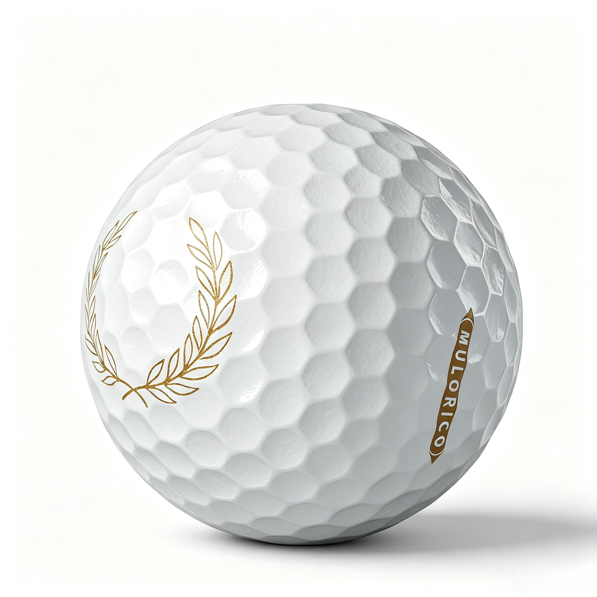 Premium golf ball with wheat engraving at a 45 degree view