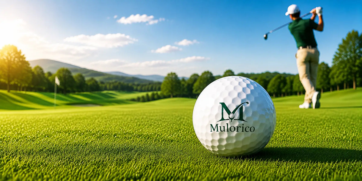 Mulorico premium golf ball displayed on a green golf course with golfer background, showcasing professional golf performance and quality